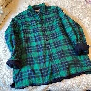LL Bean Green Blue Black Watch Plaid Fleece Lined Flannel Shirt Mens L